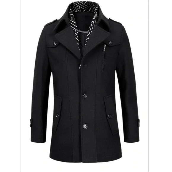 Men's Wool Jacket Single Breasted Winter Coat with Detachable Scarfs Quilted M - Picture 2 of 9